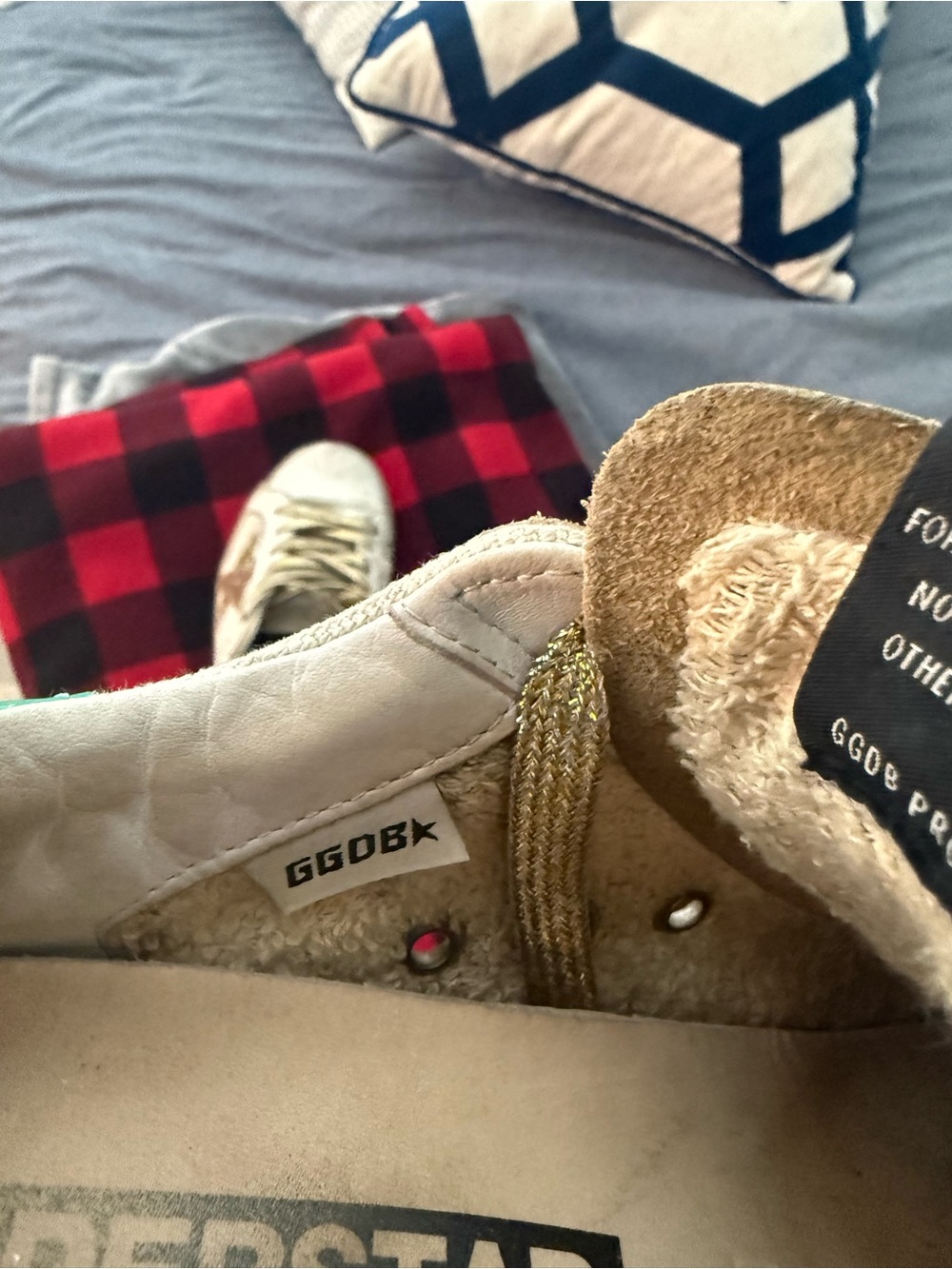 Golden Goose Beige Canvas Sneakers with Gold Glitter Star and Green Heel - Picture 5 of 7